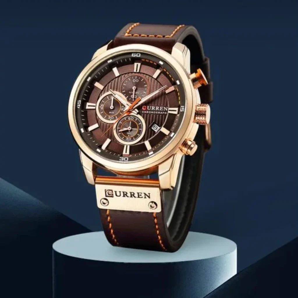 Montre Homme CURREN 8291 Chronographe – Or Rose, Cadran Marron, Cuir Marron Foncé