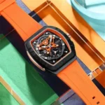 Montre Homme CURREN 8443 – Boîtier Tonneau Noir, Bracelet Silicone Orange