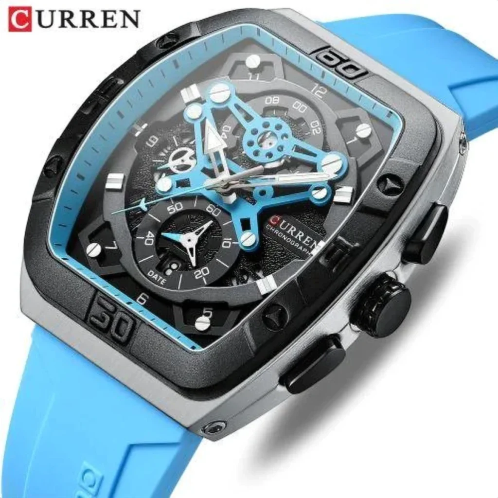 Montre Homme CURREN 8443 – Boîtier Tonneau Noir, Bracelet Silicone Bleu Ciel