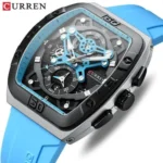 Montre Homme CURREN 8443 – Boîtier Tonneau Noir, Bracelet Silicone Bleu Ciel