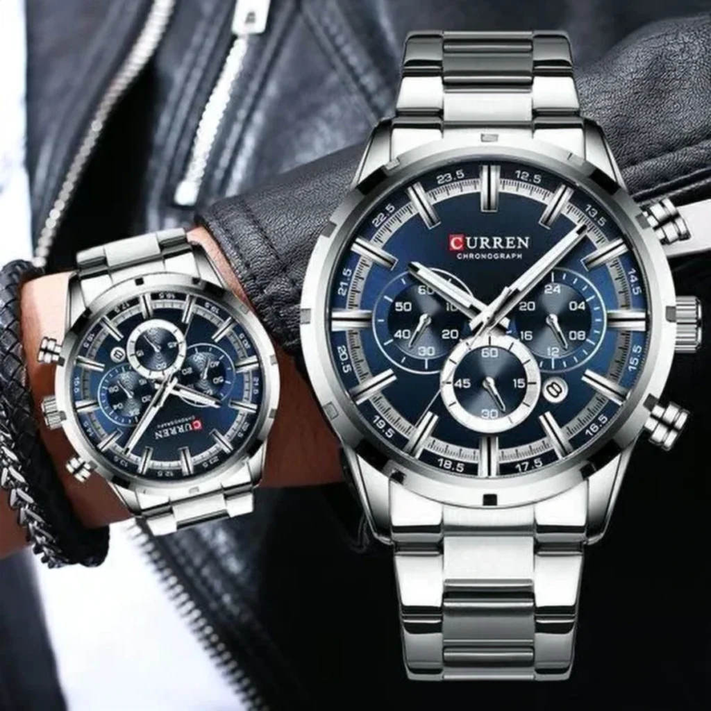 Montre Homme CURREN 83055 Chronographe – Cadran Bleu, Bracelet Acier Argenté