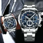 Montre Homme CURREN 83055 Chronographe – Cadran Bleu, Bracelet Acier Argenté
