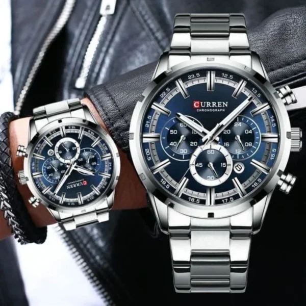Montre Homme CURREN 83055 Chronographe – Cadran Bleu, Bracelet Acier Argenté