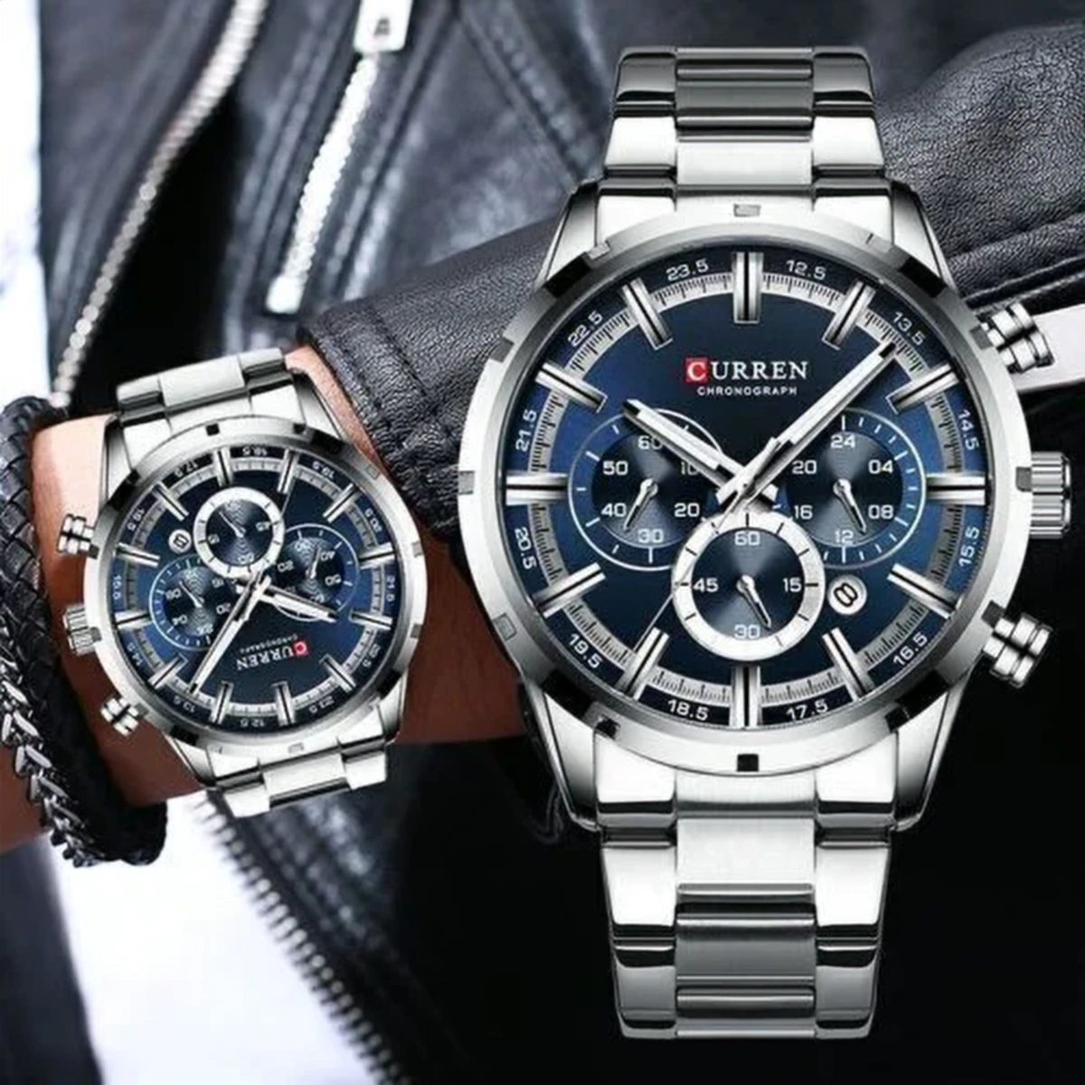 rewak-hd-7262 Montre Homme CURREN 83055 Chronographe – Cadran Bleu, Bracelet Acier Argenté