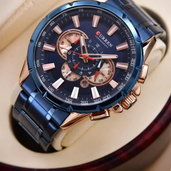 Montre Homme CURREN 83063 Chronographe – Bleu et Or Rose, Bracelet Acier Bleu