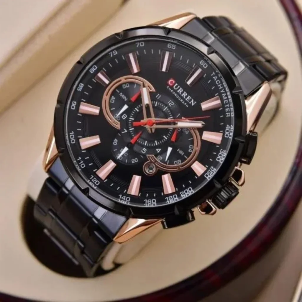 Montre Homme CURREN 83063 Chronographe – Noir et Or Rose, Bracelet Acier Noir