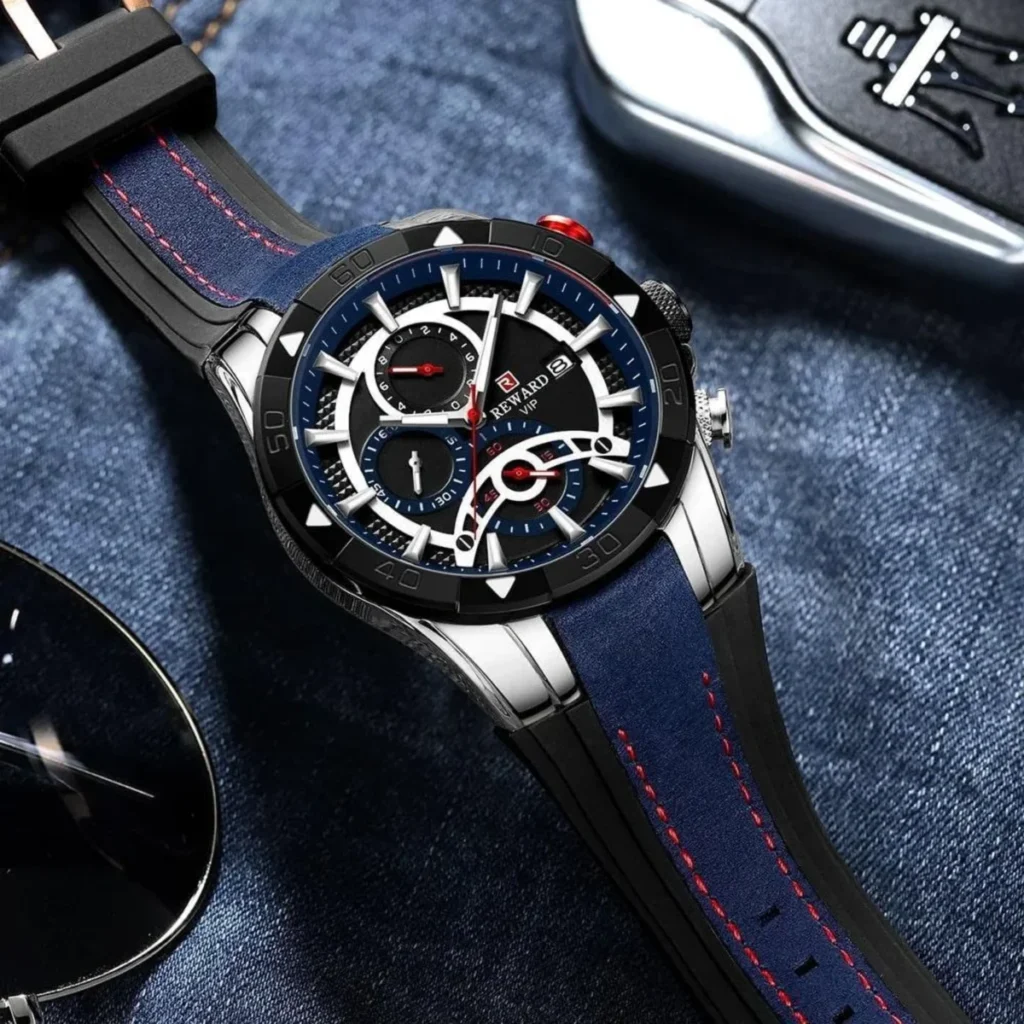 Montre Homme REWARD 83013 Chronographe – Cadran Bleu Nuit, Boîtier Argenté et Lunette Noire