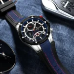 Montre Homme REWARD 83013 Chronographe – Cadran Bleu Nuit, Boîtier Argenté et Lunette Noire