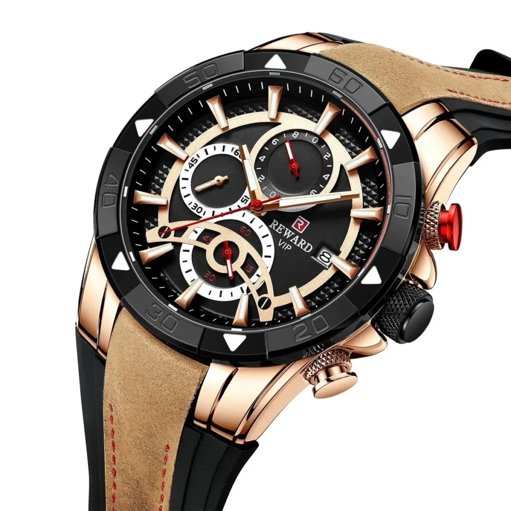 Montre Homme REWARD 83013 Chronographe – Cadran Noir, Or Rose et Bracelet Marron