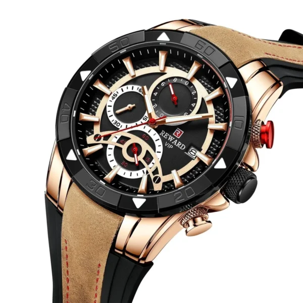 Montre Homme REWARD 83013 Chronographe – Cadran Noir, Or Rose et Bracelet Marron
