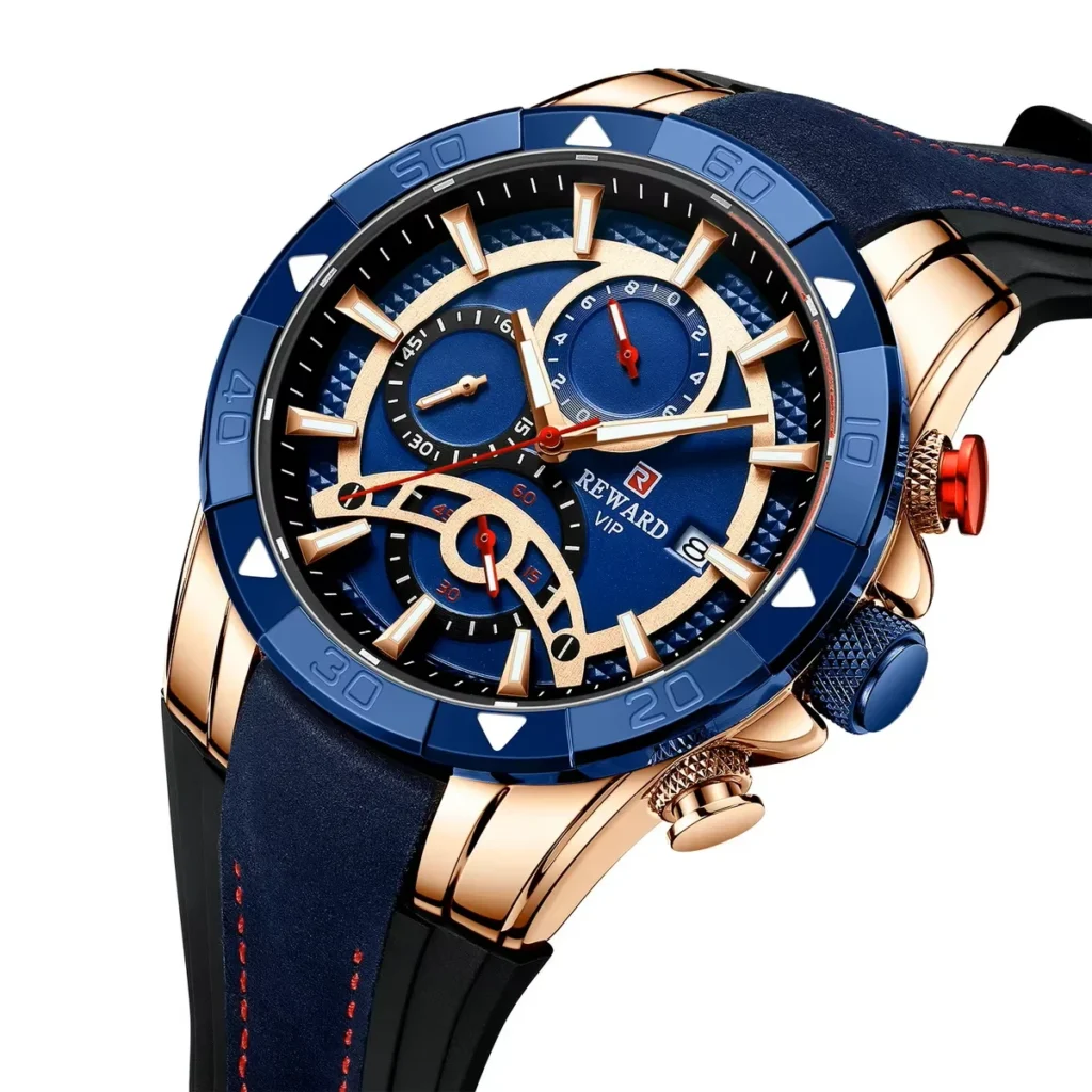 Montre Homme REWARD 83013 Chronographe – Cadran Bleu et Or Rose, Bracelet Bimatière