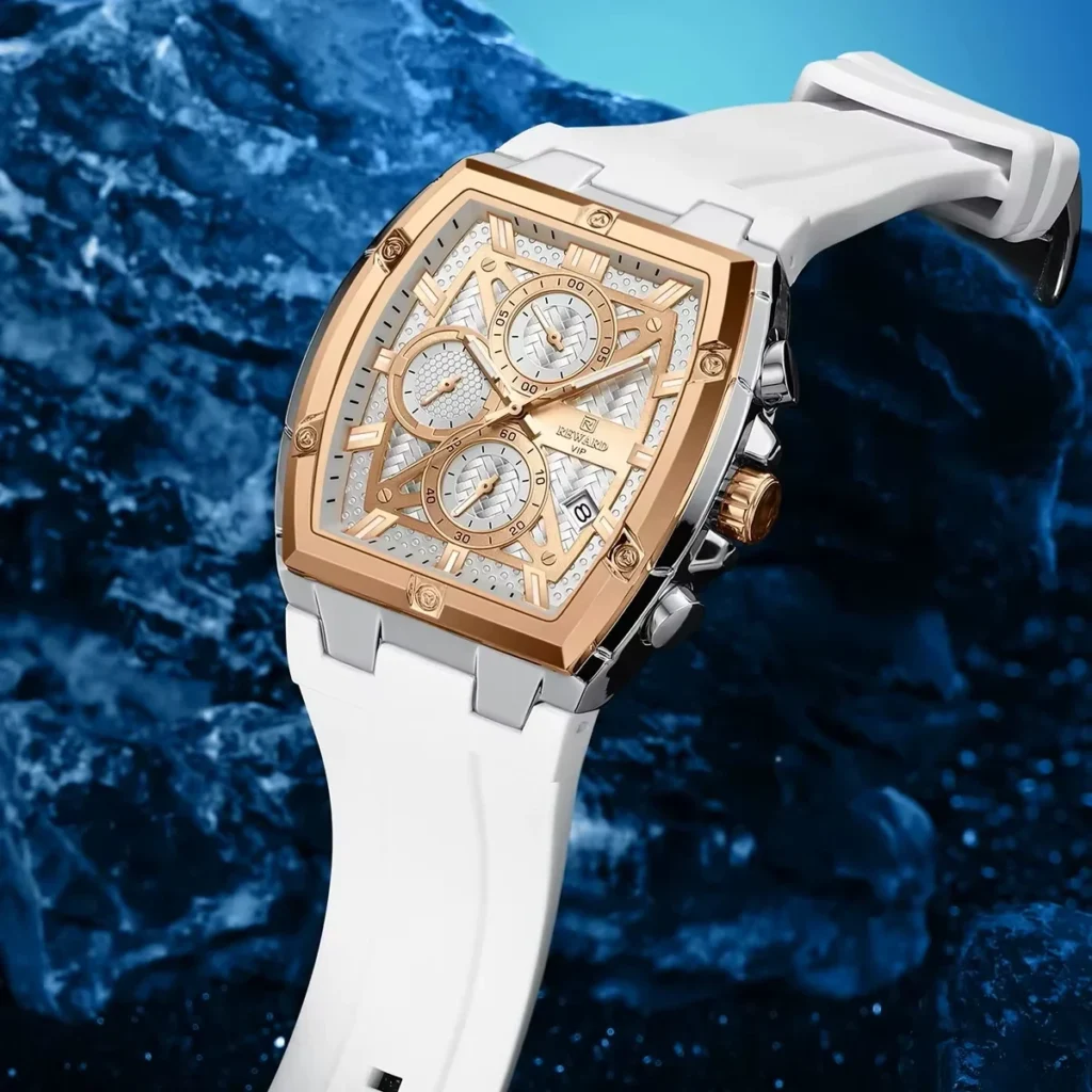 Montre Homme REWARD 832261 Chronographe – Boîtier Tonneau Or Rose et Bracelet Blanc
