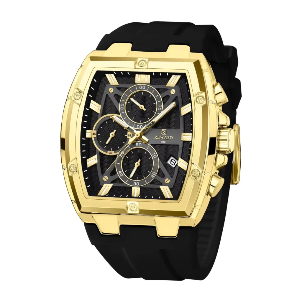 Montre Homme REWARD 832261 Chronographe – Boîtier Tonneau Doré, Cadran Noir