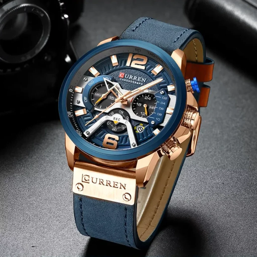 Montre Homme CURREN 8329 Chronographe – Cadran Bleu, Boîtier Or Rose, Cuir Bleu