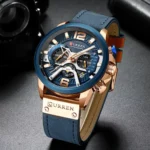 Montre Homme CURREN 8329 Chronographe – Cadran Bleu, Boîtier Or Rose, Cuir Bleu