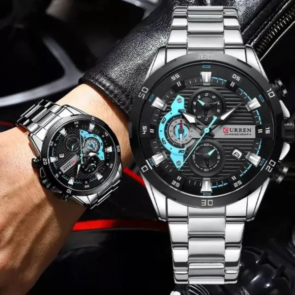 Montre Homme CURREN 8402 Chronographe – Cadran Noir et Bleu Ciel, Bracelet Acier