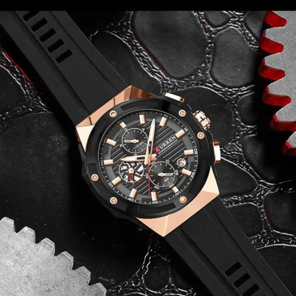 Montre Homme CURREN 8462 Chronographe – Cadran Noir, Boîtier Or Rose, Silicone Noir