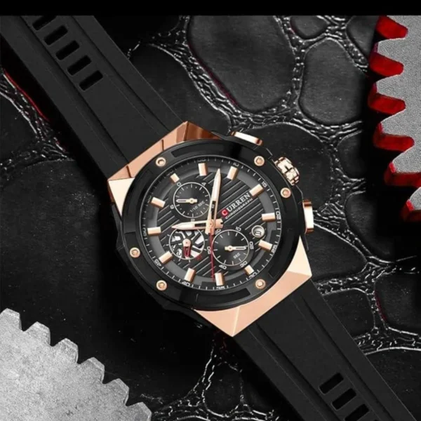 Montre Homme CURREN 8462 Chronographe – Cadran Noir, Boîtier Or Rose, Silicone Noir