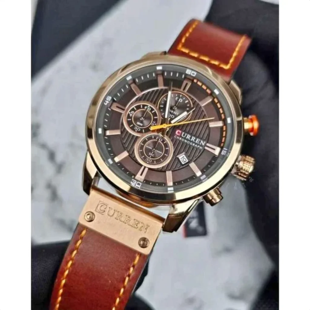 Montre Homme CURREN 8291 Chronographe – Or Rose, Cadran Marron, Cuir Camel