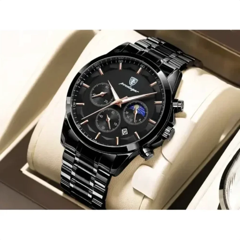 Montre Homme POEDAGAR 928 Chronographe Phase de Lune – Acier Noir