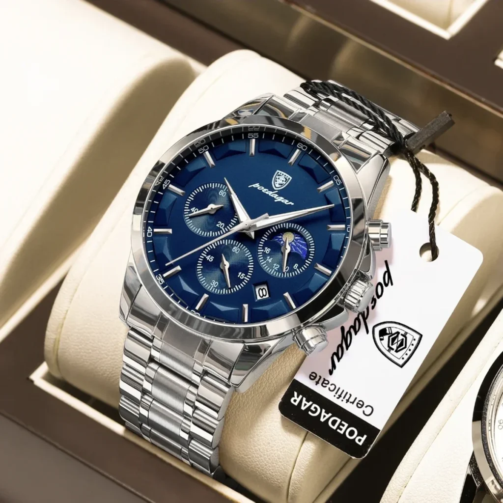 Montre Homme POEDAGAR 928 Chronographe Phase de Lune – Cadran Bleu, Acier Argenté