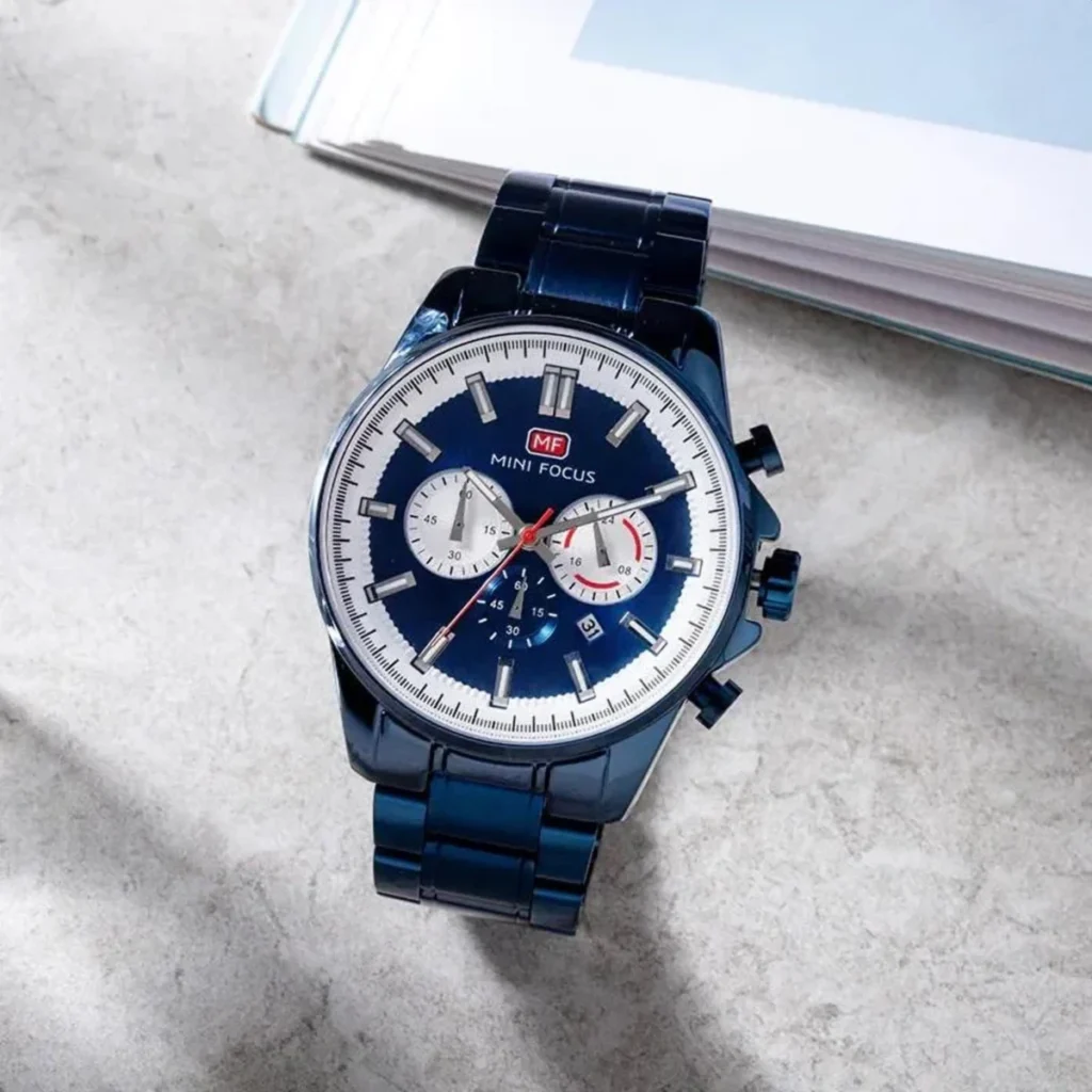 Montre Homme MINI FOCUS MF0469 Chronographe – Tout Bleu, Lunette Argentée