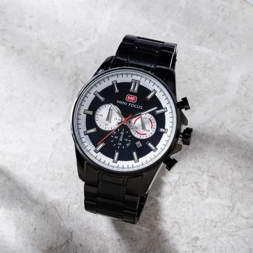 Montre Homme MINI FOCUS MF0469 Chronographe – Tout Noir, Lunette Argentée