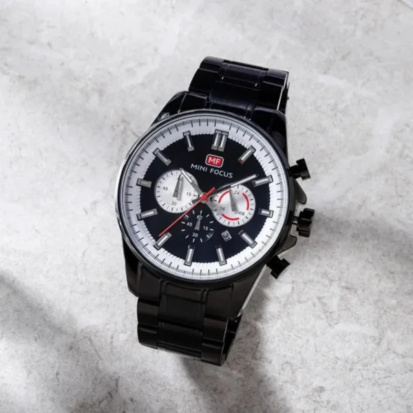 Montre Homme MINI FOCUS MF0469 Chronographe – Tout Noir, Lunette Argentée