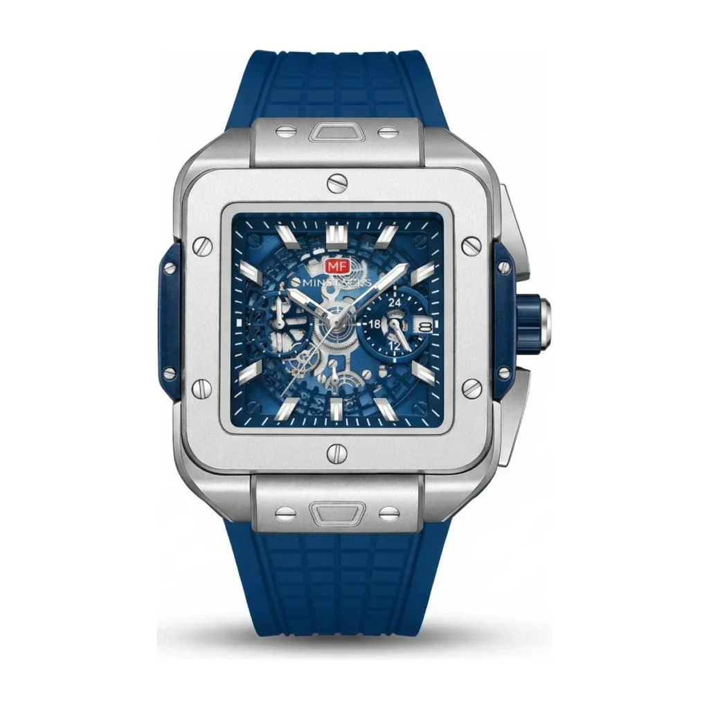 Montre Homme MINI FOCUS MF0475 Chronographe Carré – Boîtier Argenté, Cadran Squelette Bleu