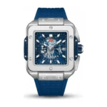 Montre Homme MINI FOCUS MF0475 Chronographe Carré – Boîtier Argenté, Cadran Squelette Bleu