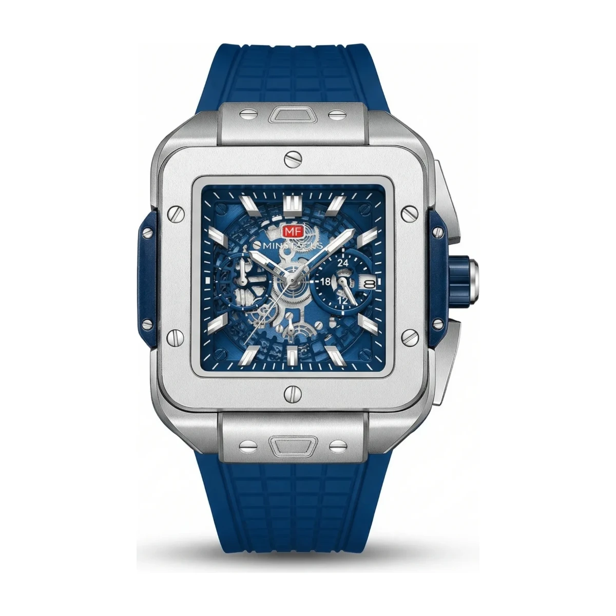 rewak-hd-7382 Montre Homme MINI FOCUS MF0475 Chronographe Carré – Boîtier Argenté, Cadran Squelette Bleu