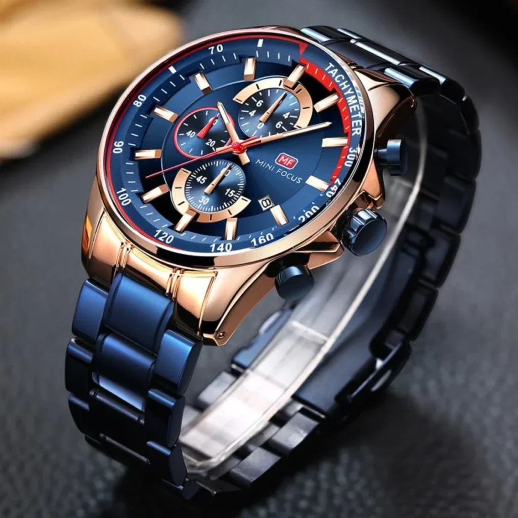 Montre Homme MINI FOCUS MF0218 Chronographe – Cadran Bleu, Or Rose et Bleu
