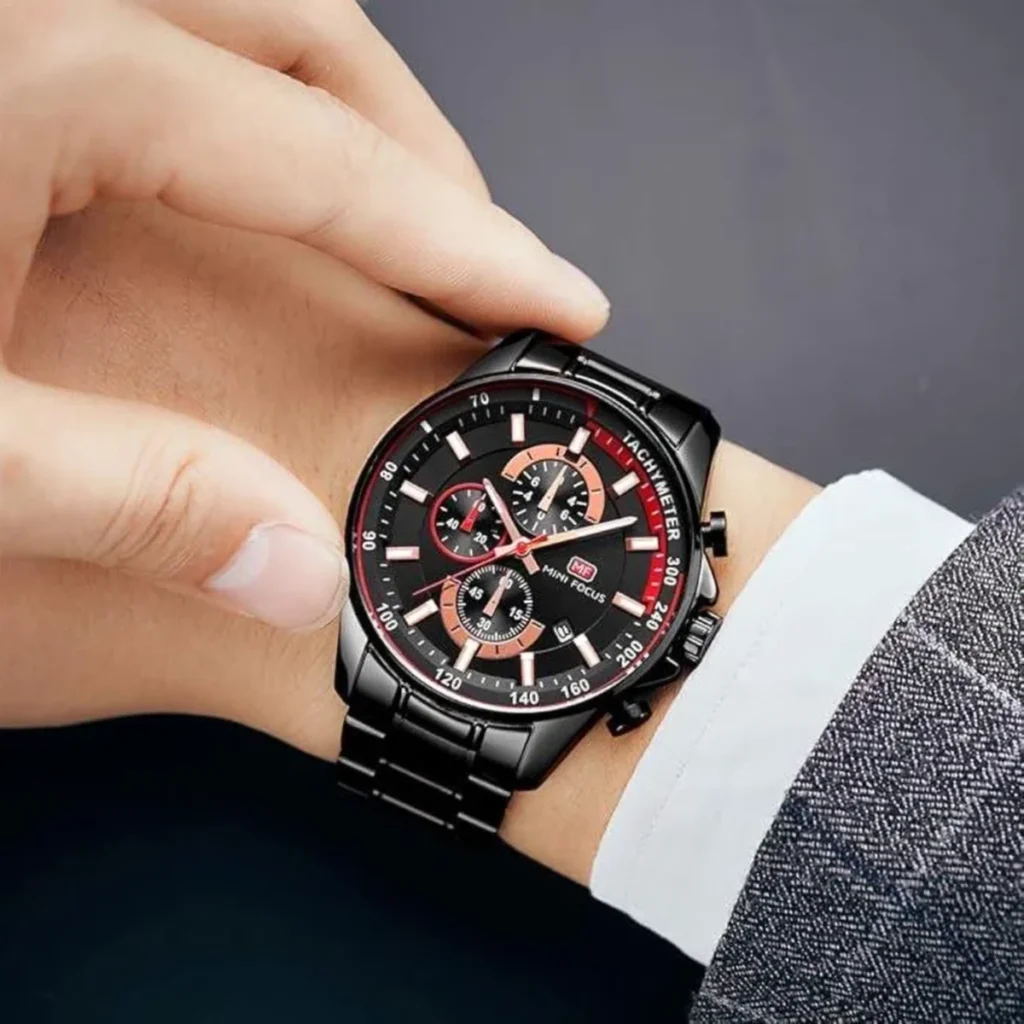 Montre Homme MINI FOCUS MF0218 Chronographe – Tout Noir, Accents Rouges