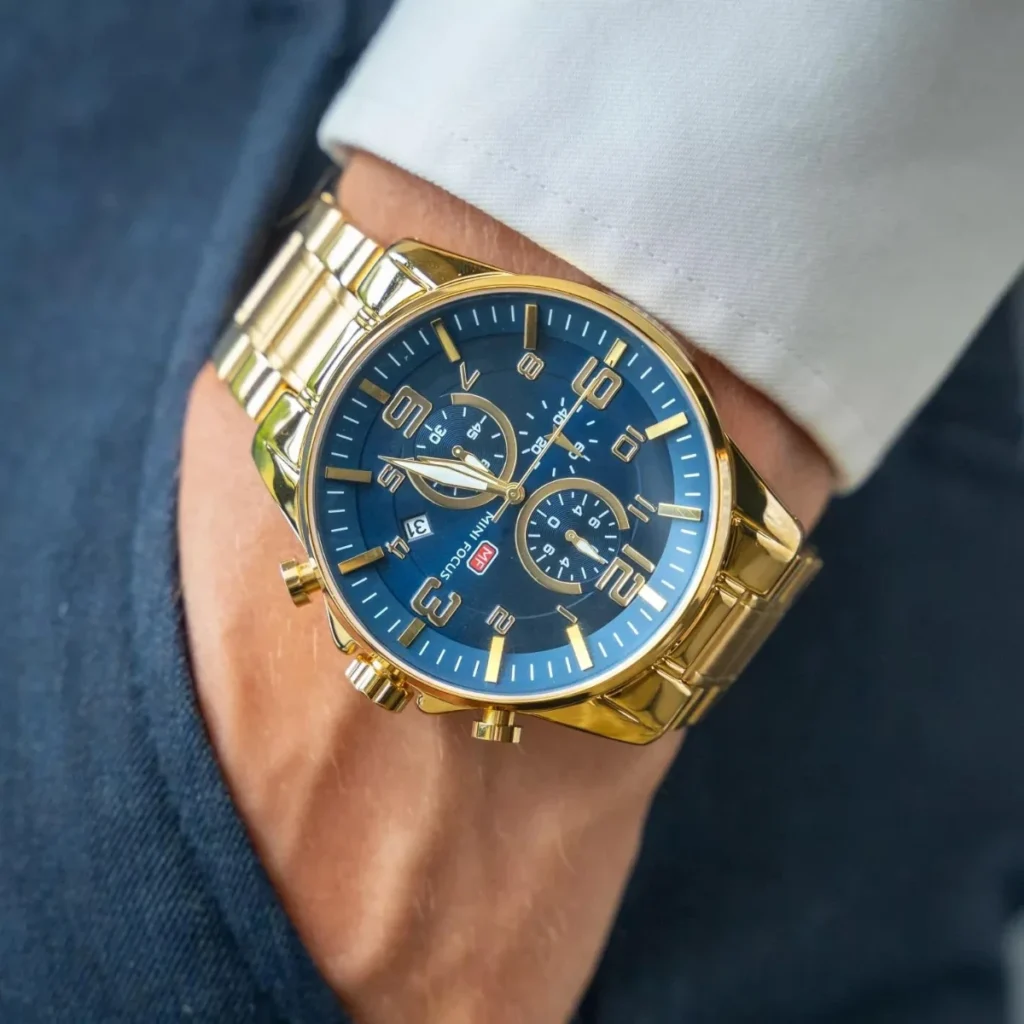 Montre Homme MINI FOCUS MF0218 Chronographe – Doré, Cadran Bleu