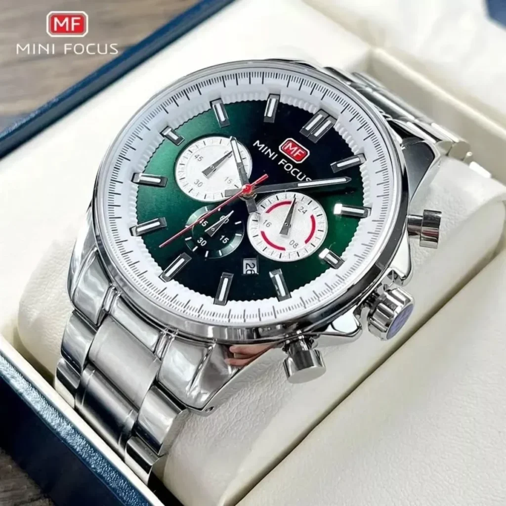 Montre Homme MINI FOCUS MF0469 Chronographe – Cadran Vert, Acier Argenté