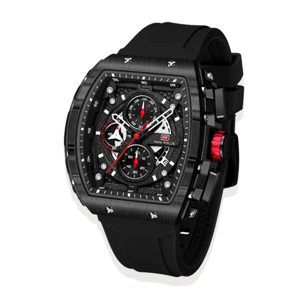 Montre Homme MINI FOCUS MF0399 Chronographe Tonneau – Noir, Touches Rouges