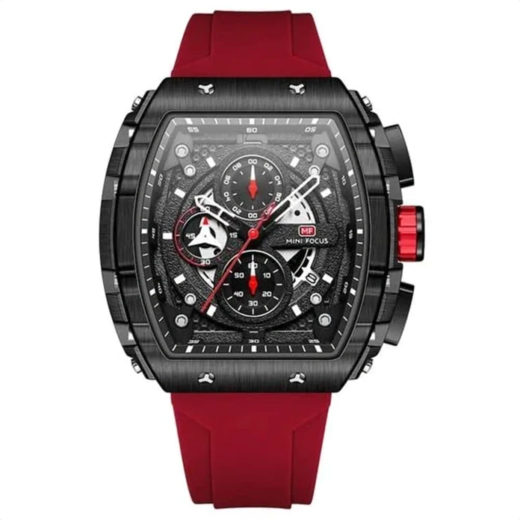 Montre Homme MINI FOCUS MF0399 Chronographe Tonneau – Boîtier Noir, Bracelet Rouge