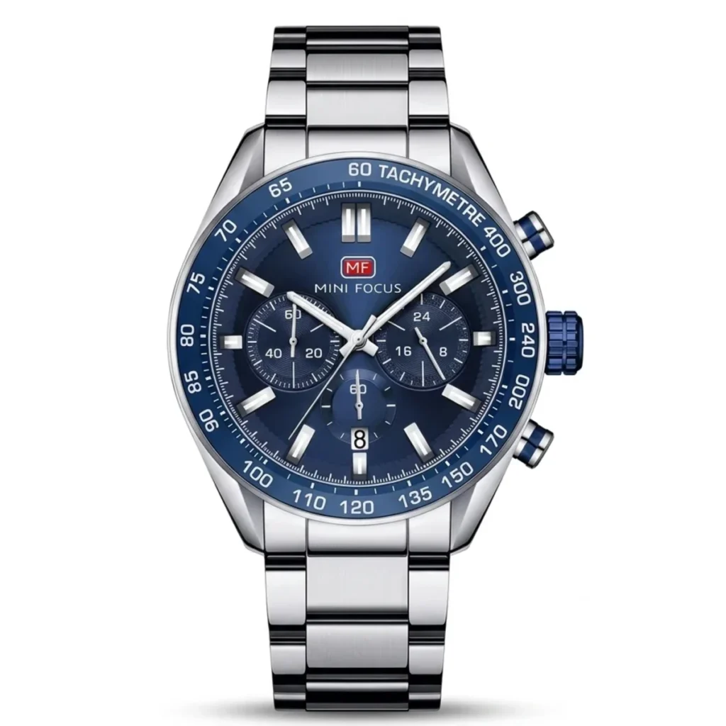 Montre Homme MINI FOCUS MF0403 Chronographe – Cadran Bleu, Acier Argenté