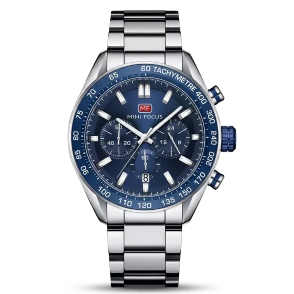 Montre Homme MINI FOCUS MF0403 Chronographe – Cadran Bleu, Acier Argenté
