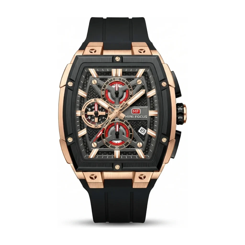 Montre Homme MINI FOCUS MF0602G Chronographe Carré – Boîtier Or Rose, Bracelet Noir