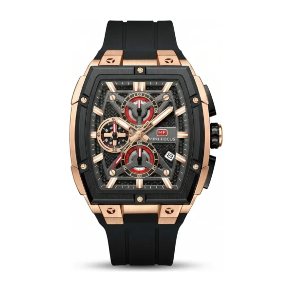 Montre Homme MINI FOCUS MF0602G Chronographe Carré – Boîtier Or Rose, Bracelet Noir