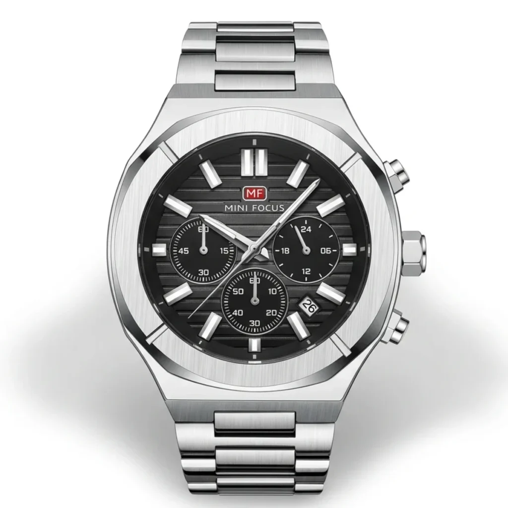 Montre Homme MINI FOCUS MF0612 Chronographe – Cadran Noir, Acier Argenté