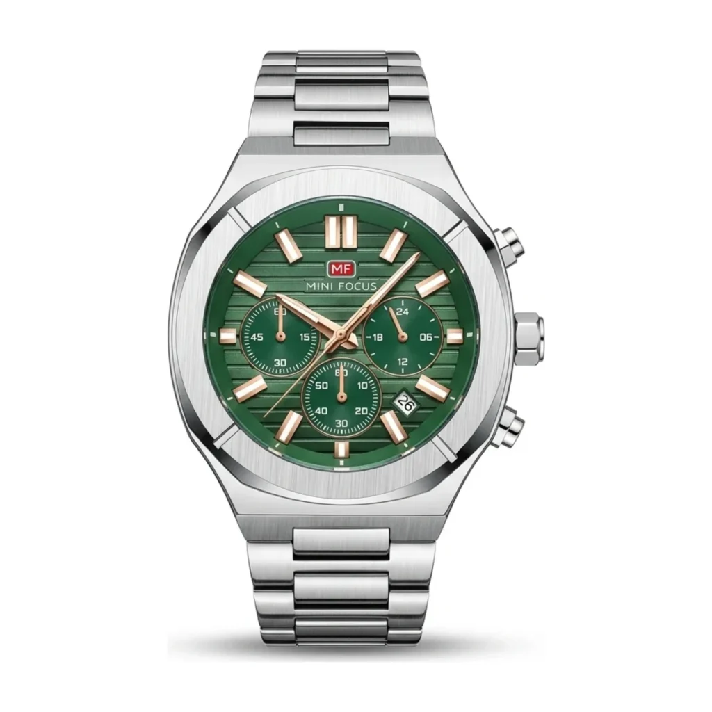 Montre Homme MINI FOCUS MF0612 Chronographe – Cadran Vert, Acier Argenté