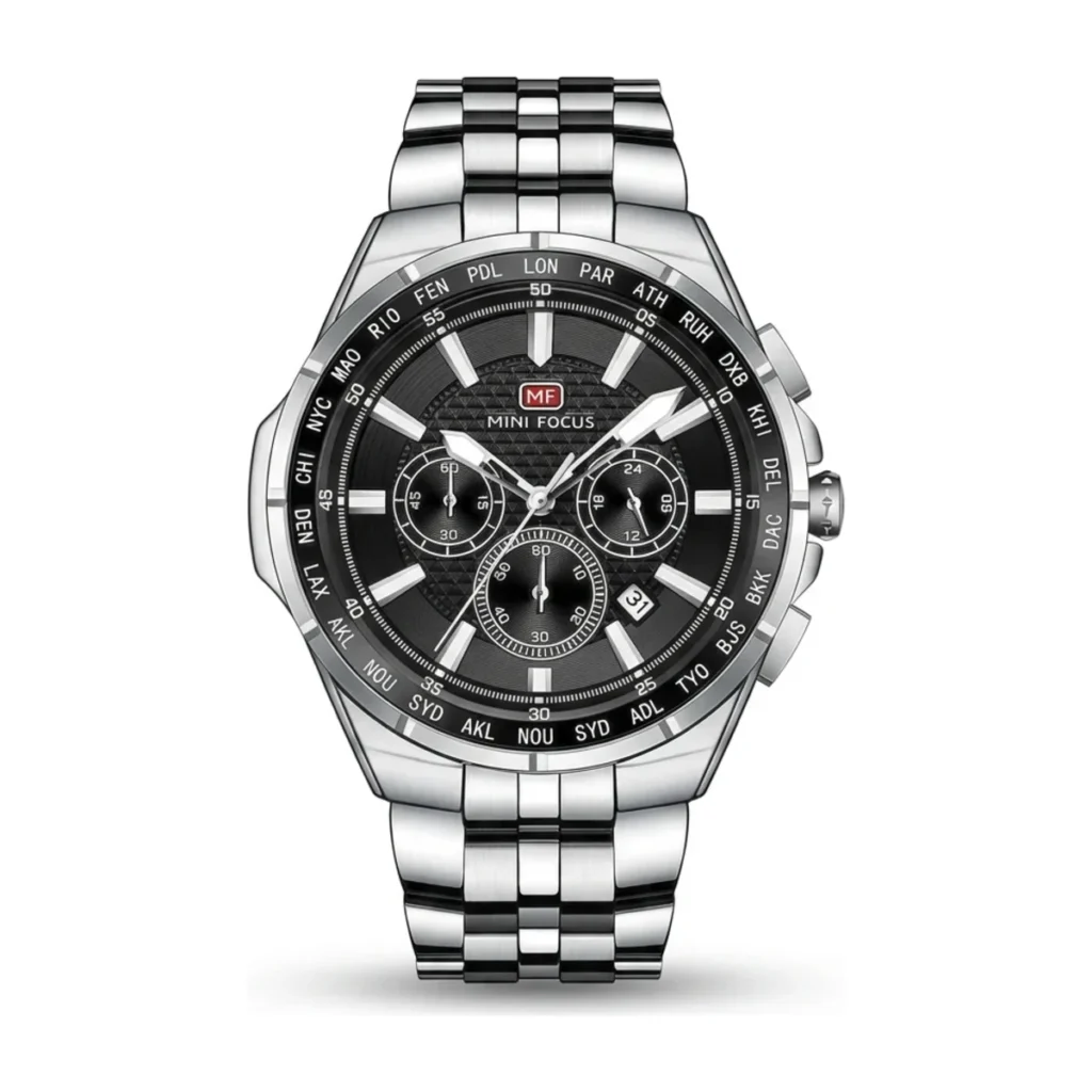 Montre Homme MINI FOCUS MF0613 Multifonction – Cadran Noir, Acier Argenté