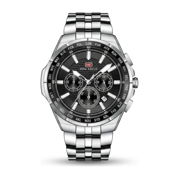 Montre Homme MINI FOCUS MF0613 Multifonction – Cadran Noir, Acier Argenté