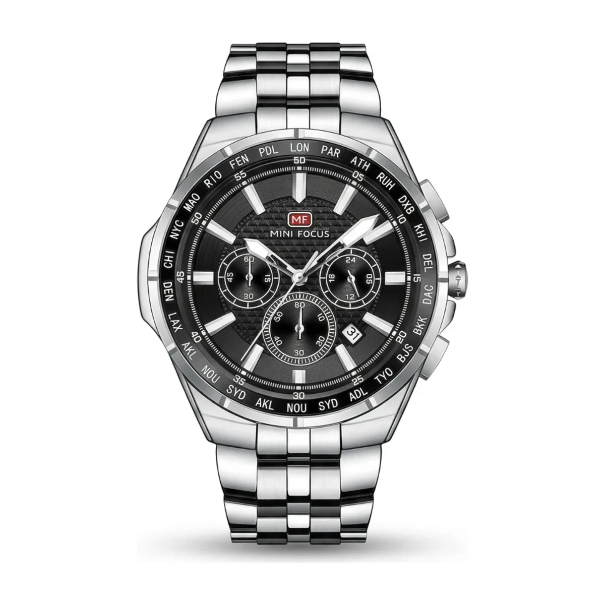 rewak-hd-7641 Montre Homme MINI FOCUS MF0613 Multifonction – Cadran Noir, Acier Argenté