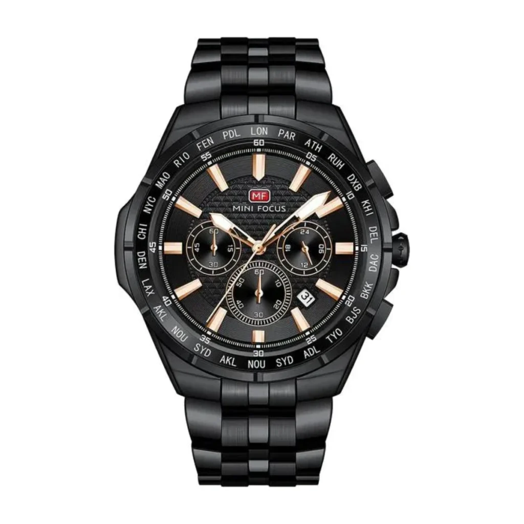 Montre Homme MINI FOCUS MF0613 Multifonction – Tout Noir, Accents Or Rose