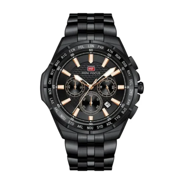 Montre Homme MINI FOCUS MF0613 Multifonction – Tout Noir, Accents Or Rose