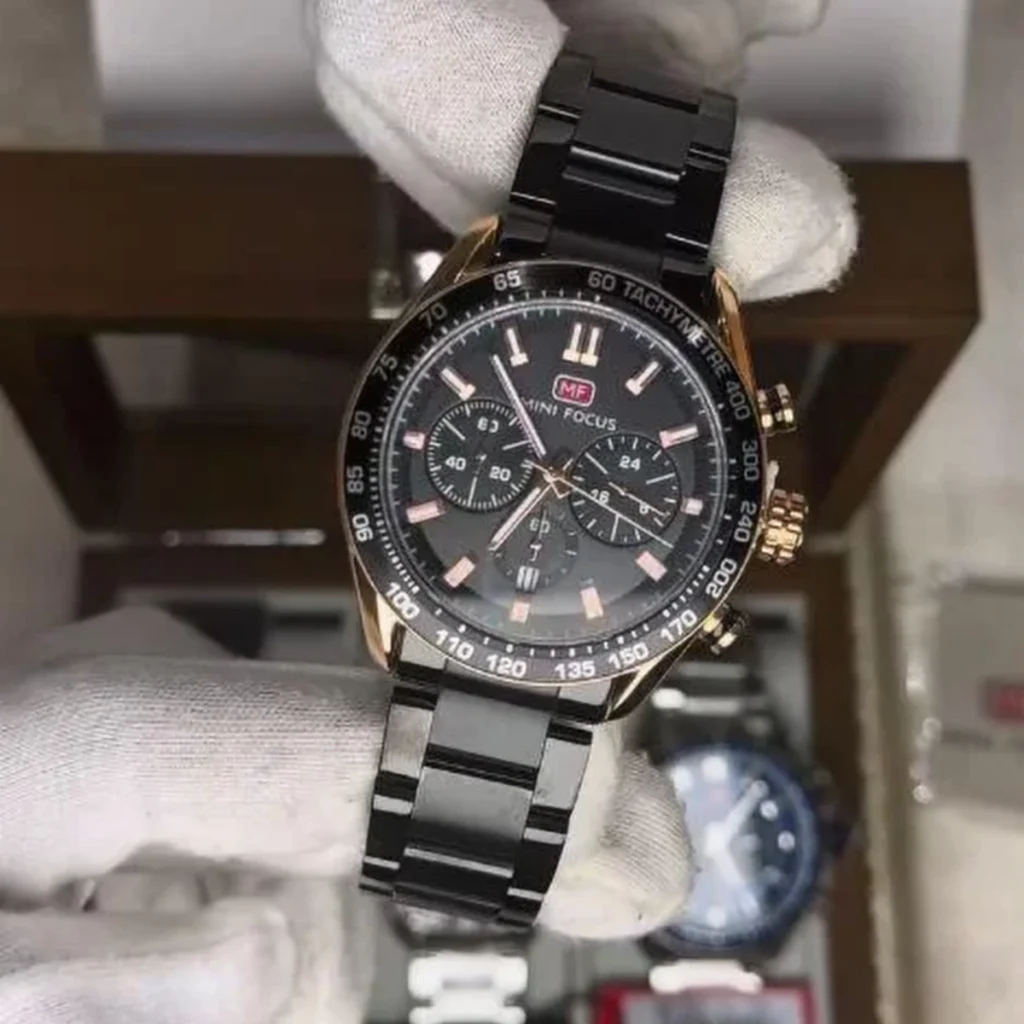 Montre Homme MINI FOCUS MF0403 Chronographe – Cadran Noir, Lunette Tachymètre, Or Rose