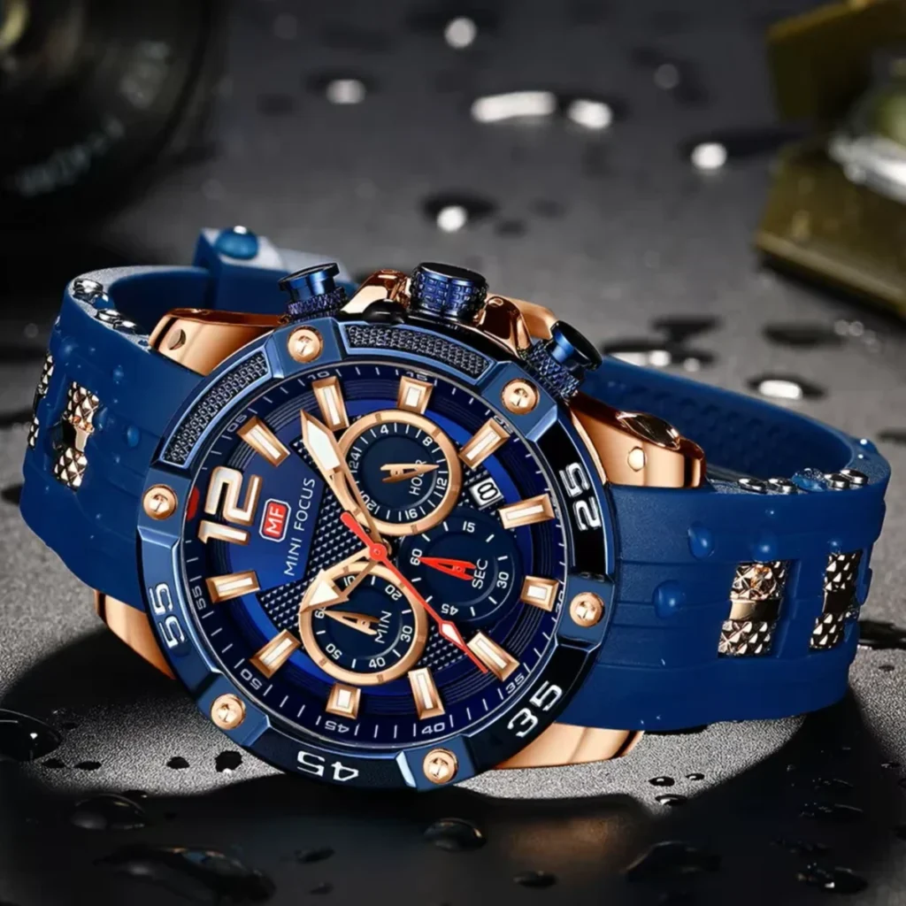 Montre Homme MINI FOCUS MF0349 Chronographe Sport – Or Rose, Cadran et Silicone Bleus
